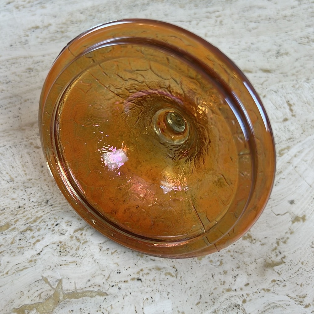 Vintage Crackle Marigold Carnival Glass Covered Footed Candy Dish - Picture 8 of 9